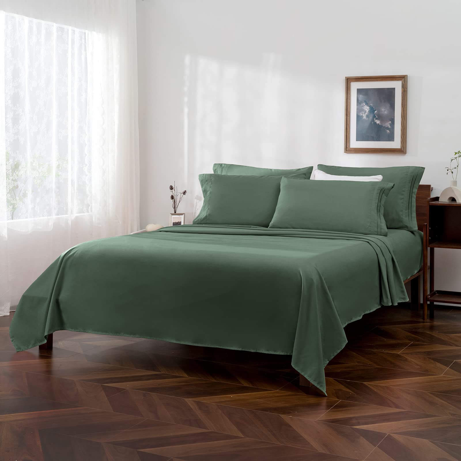 Juego de sábanas color verde tamaño matrimonial, 6 piezas de sábanas y fundas de almohada de lujo de 1800 hilos, juego de ropa de cama de microfibra con bolsillo profundo de 16 pulgadas, 8