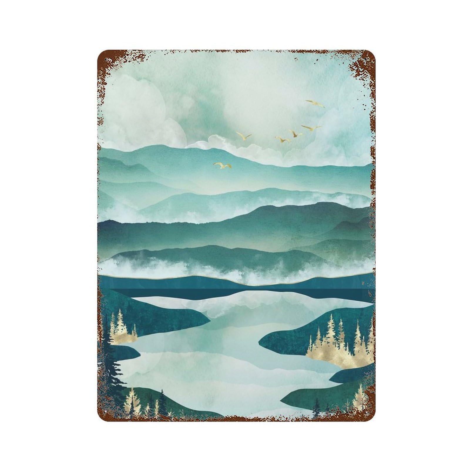 Misty Lake Vintage Metal Tin Sign 15.7"x11.8", Rustic Home Decor for Garage, Bar And Workshop Decor