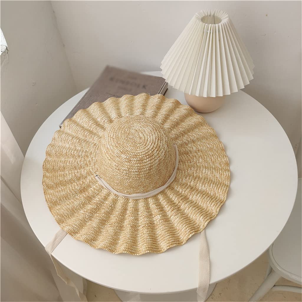 Red Red con el Mismo Estilo Sombrero de Paja Ondulado con Cúpula Sombrero de Playa de ala Grande Sombrero de Sombrilla Mujeres (Color : B, Size : 56-58cm) (A 6 7/8)