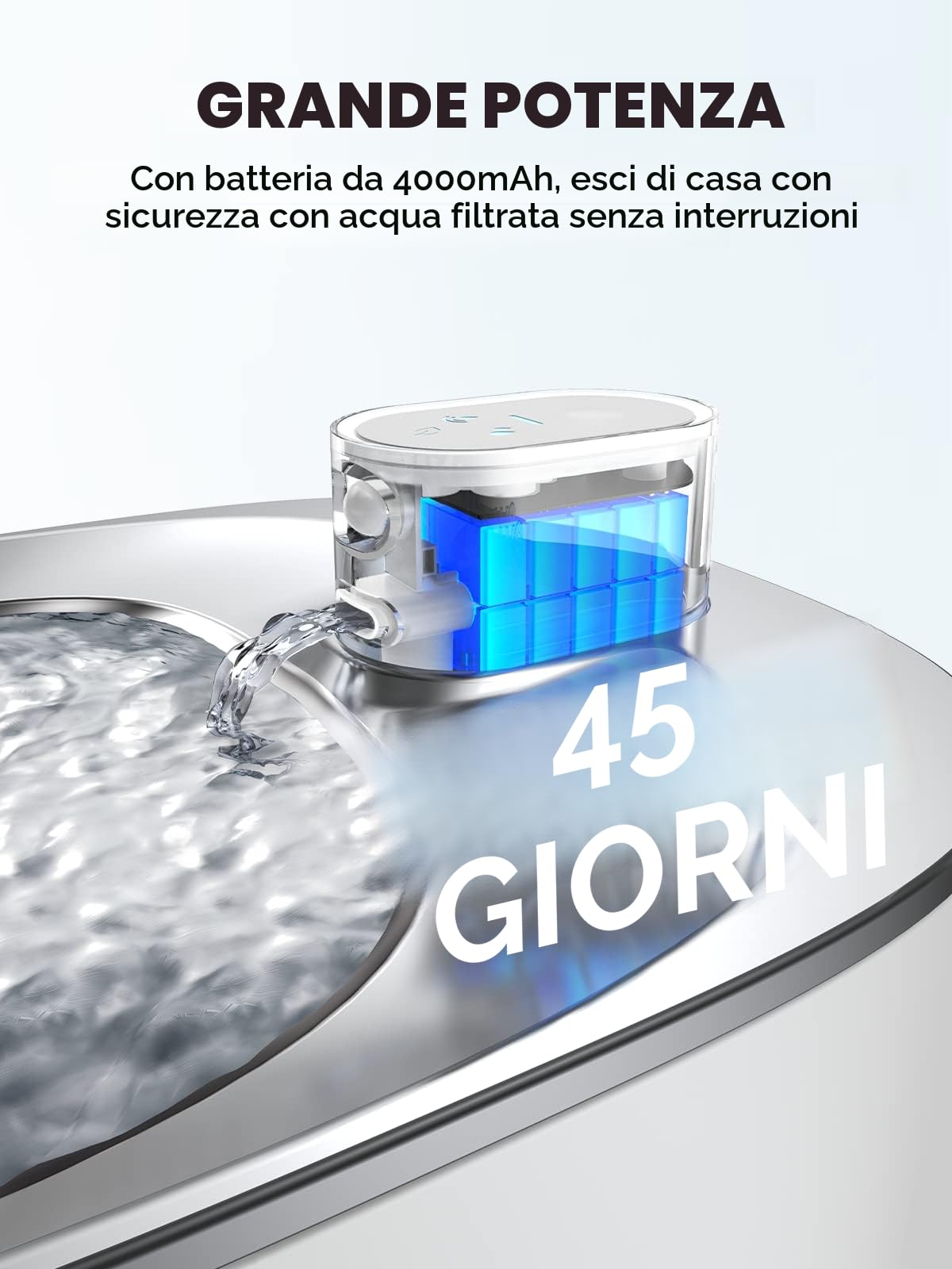 Fontanella per Gatti Senza Fili Acciaio A Batteria Con Sensore Di Movimento, FEELNEEDY 4 Litri Fontana d'Acqua Fresca Senza Corrente, Silenziosa, 4000mah, Con 6 Filtri e 12 Spugne