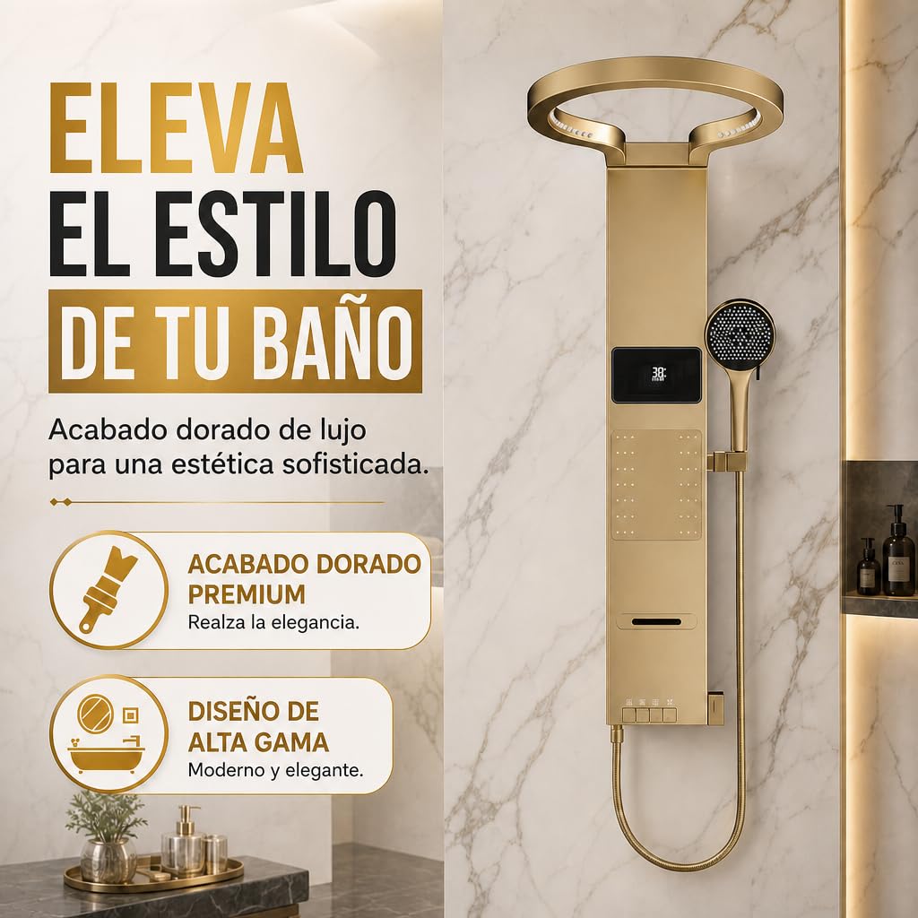 INEX EUROPA Panel de Ducha Termostática de Lujo Gold - Columna de Ducha Hidromasaje 10 Años de Garantía con 4 Modos de Operación - Torre de Ducha 105 cm Altura Daytona Collection
