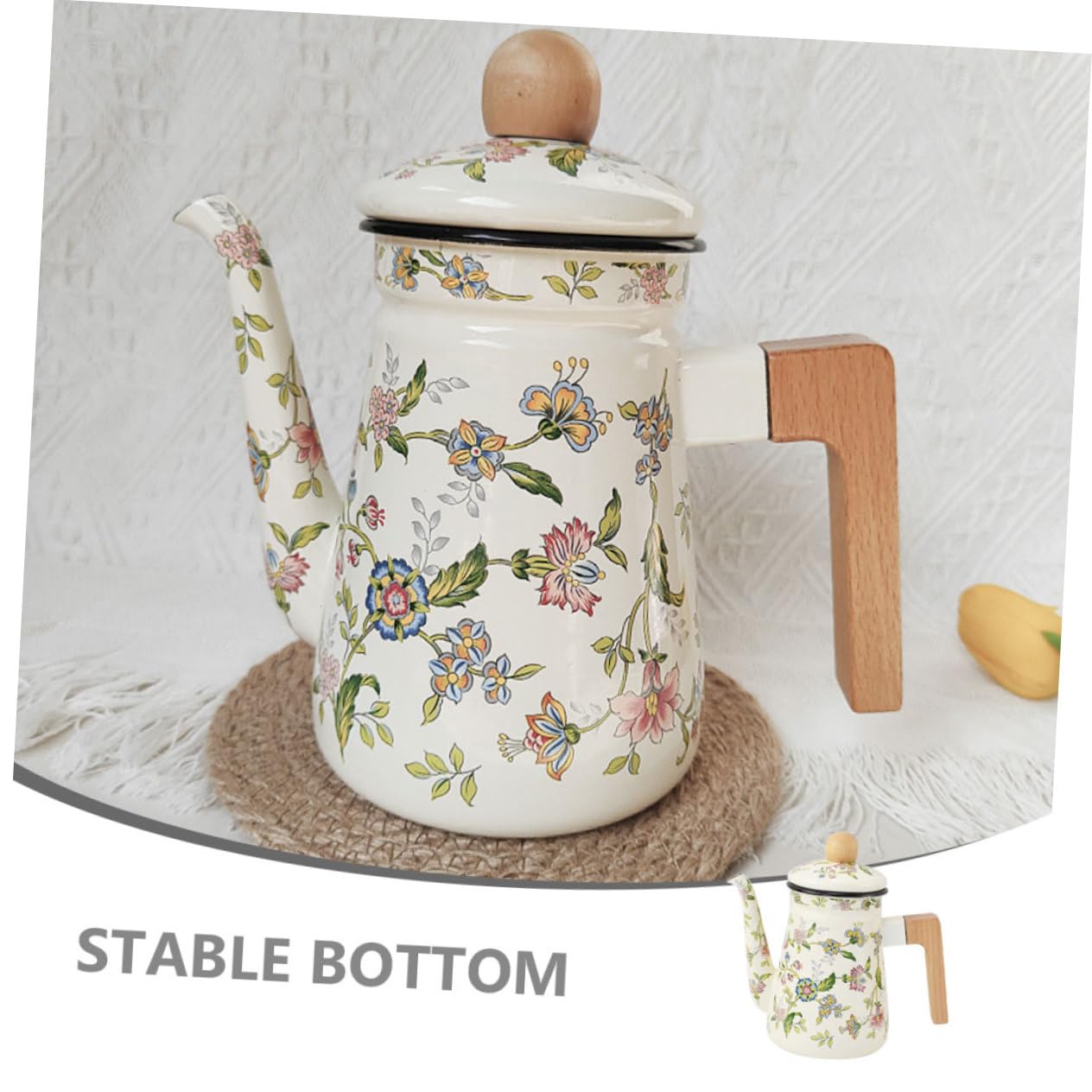 Mipcase Teiera Smaltata Vintage Manico in Legno 1,2L Bollitore per Tè e Caffè per Appassionati di Caffè e Tè