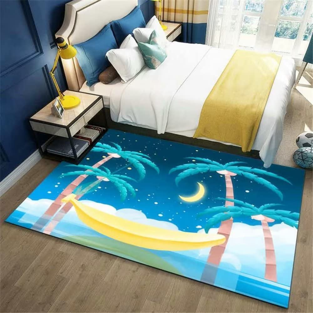 Tapis de salon bleu dessin animé 120x160cm avec motif cocotier pour chambre ado
