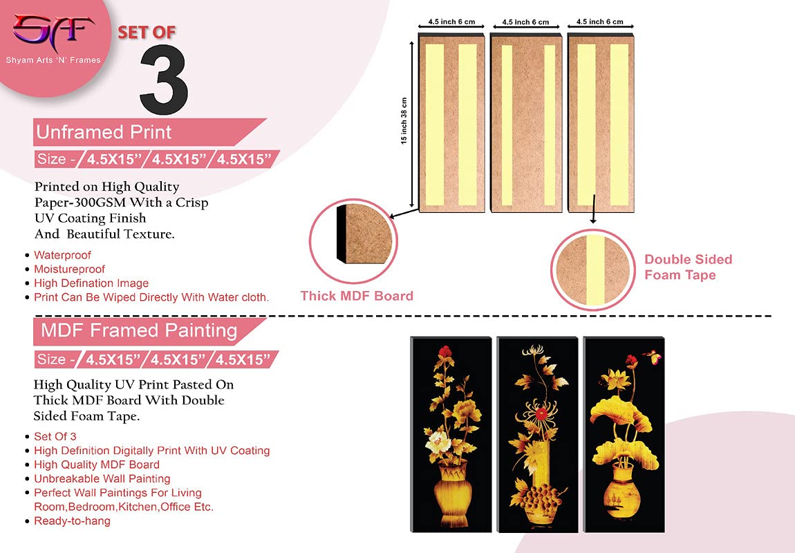 SAF paintings Set of 3 Flower Floral Pot UV Coated 6MM MDF Home Decorative Gift Item Painting 15 inch X 18 inch SANFJ25, Multicolour 1