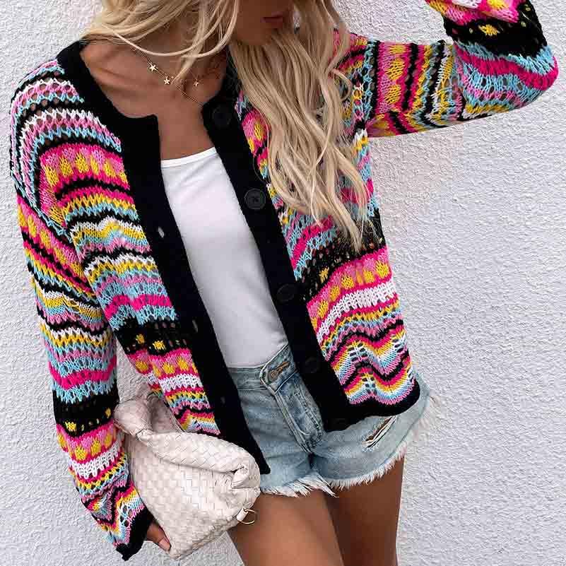 Image of Autumn and Winter Rainbow Striped Sweater Loose Knit Sweater Women's Sweater Cardigan