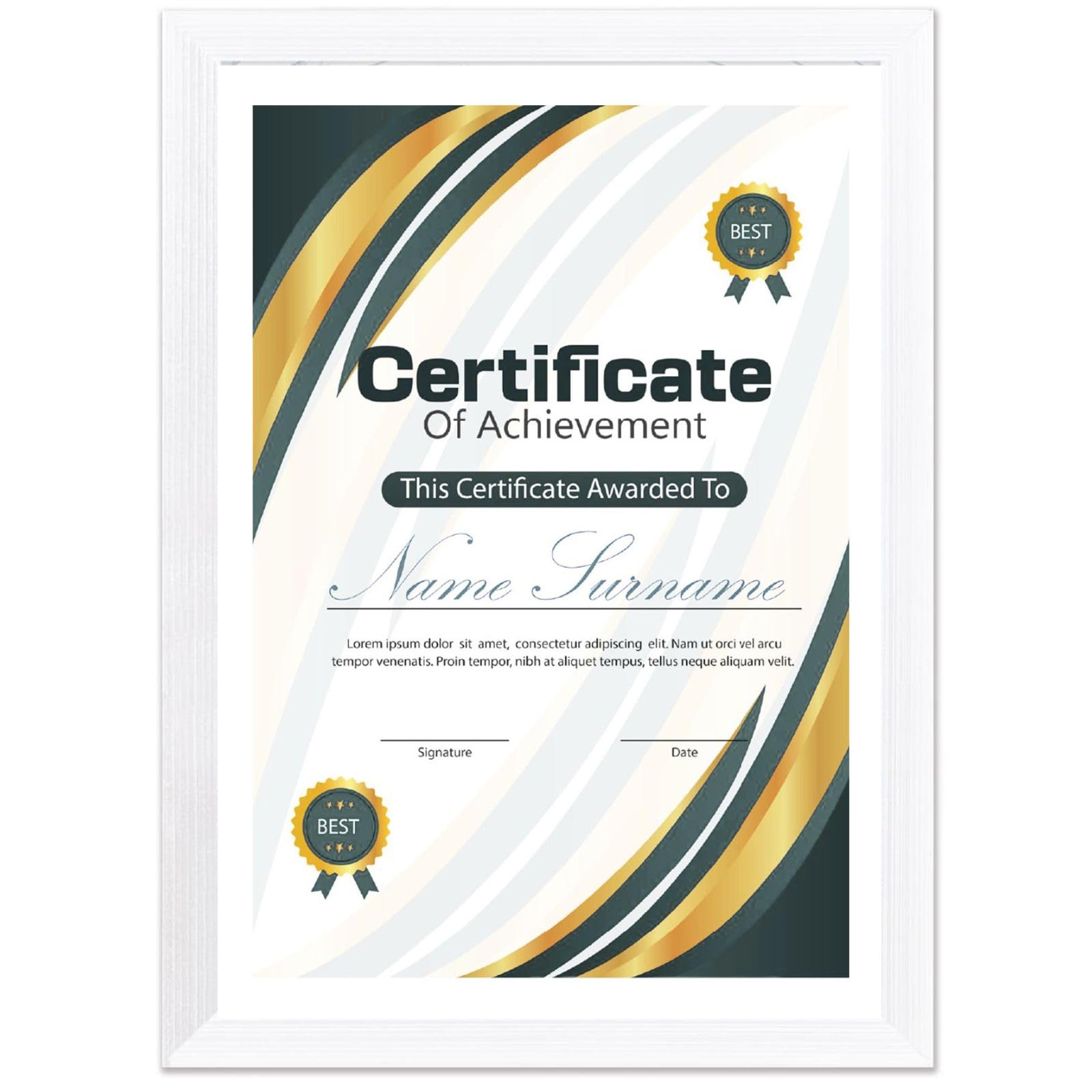 A4 Certificate Frame White Pack 1 - Ribbed Textured Real Glass Picture Frames - A4 Documents Diplomas Certificates Prints - Wall Mounted Desk Standing Frame Portrait Landscape