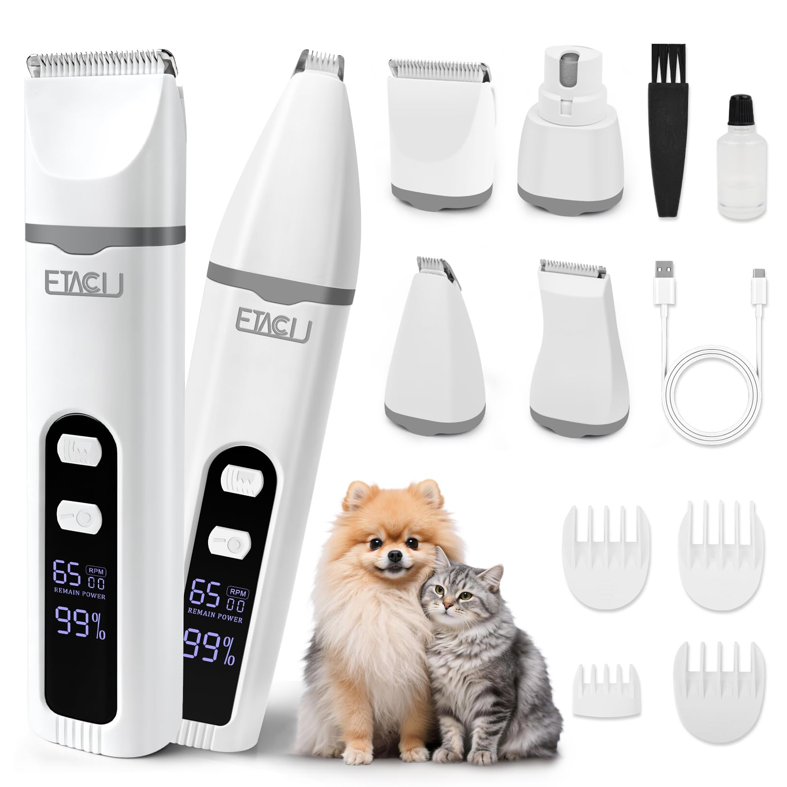 ETACCU Profi Hundeschermaschine 4 in 1 mit Krallenschleifer, Akku Tierhaarschneider für Hunde und Katzen, Leiser Hundetrimmer mit LED-Anzeige, Keramikklinge, USB-C, Fellpflege Set