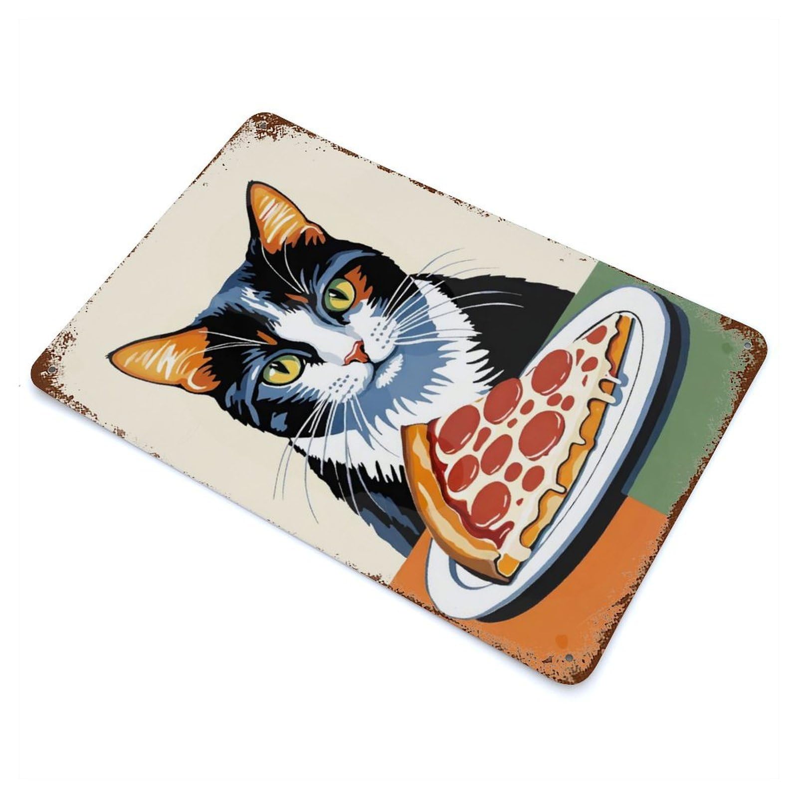 Pizza Cat 11.8"x7.9" Rustic Tin Plaque, Retro Wall Decor for Garage, Bar And Workshop Decor