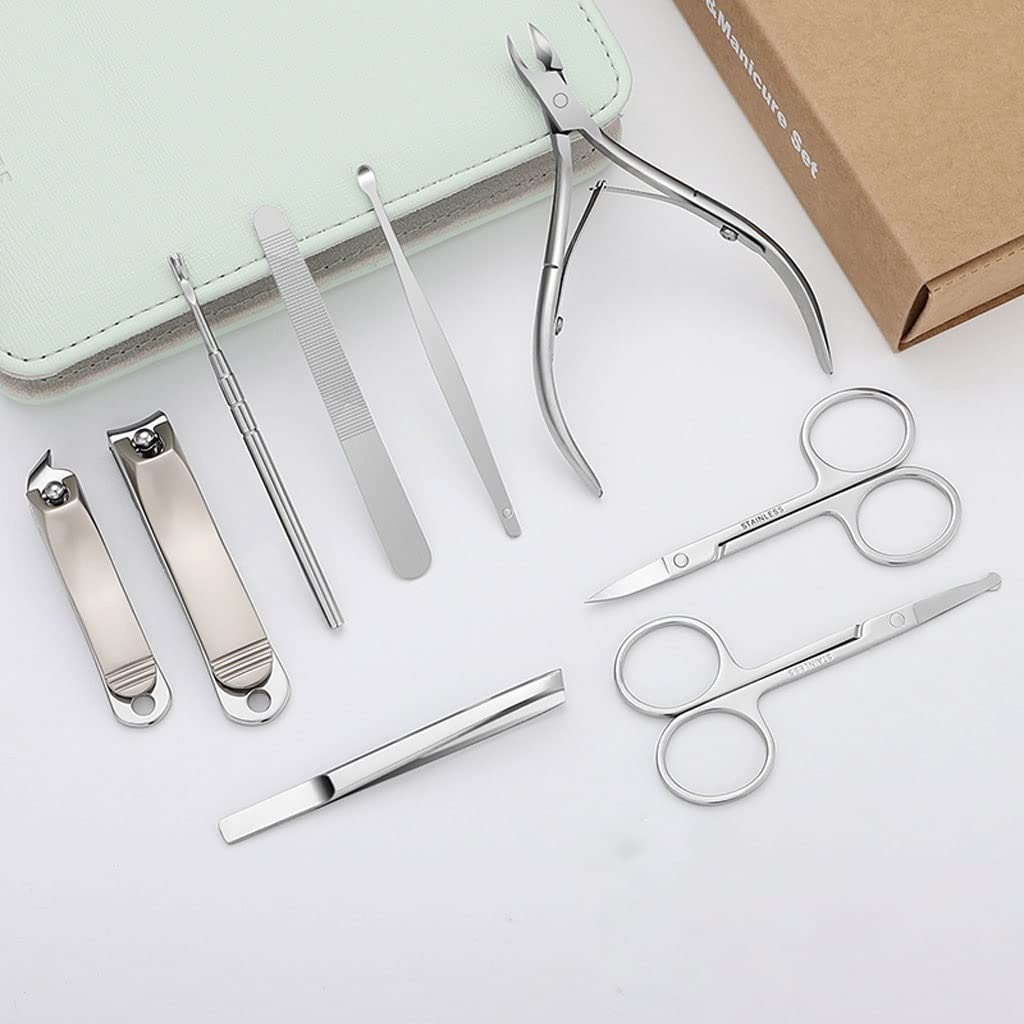 Juego de manicura, Juego de uñas, Juego de uñas de acero inoxidable de 9 piezas Juego de uñas de pedicura profesional for el hogar Juego de belleza de viaje portátil con bolsa de moda portátil Kit de