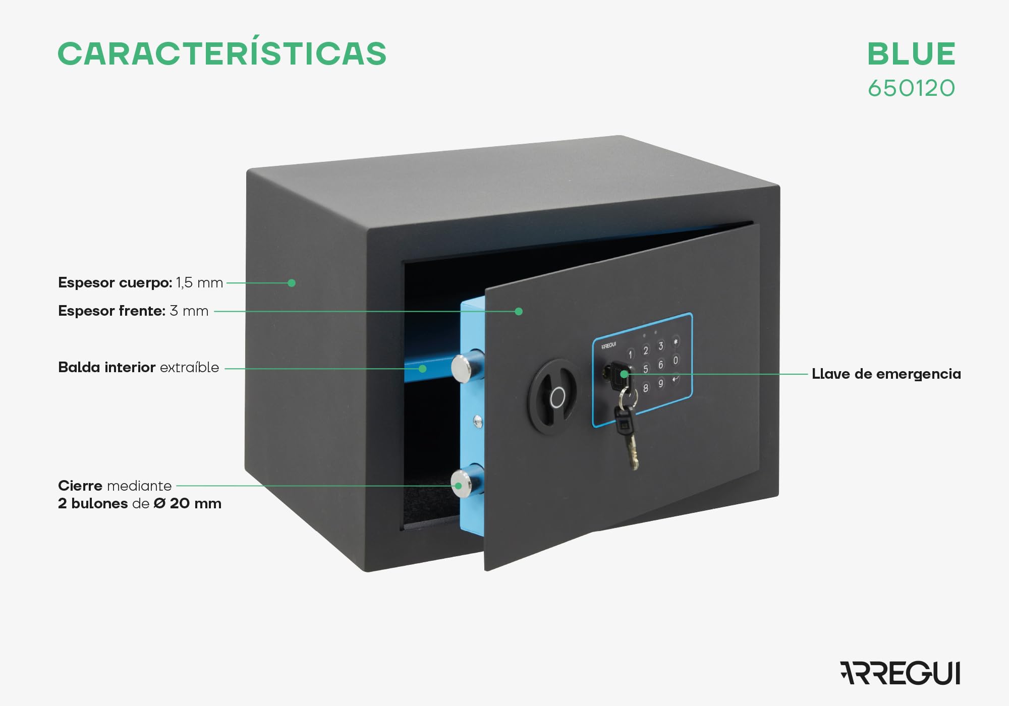 ARREGUI Blue 650120 Caja Fuerte de Acero con Cerradura Electrónica | 25x35x25 cm | 18 L | Caja de Seguridad para Casa y Hogar | Teclado con Códigos Programables | con Llave de Emergencia | grafito