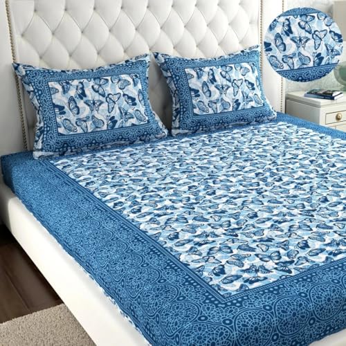 Image of JAIPUR PRINTS 100% Cotton Rajasthani Jaipuri Traditional Floral Queen Size Double Bedsheet with 2 Pillow Covers - Multicolor, 180-200 tc