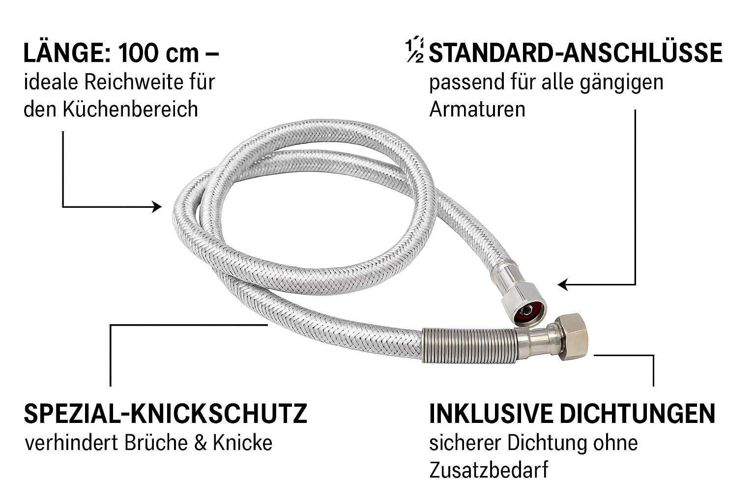 UZMAN Gastro - Tubo flessibile per doccia, 100 cm, con speciale protezione antipiega, attacchi standard da 1/2", con guarnizioni, tubo di ricambio, per cucina e gastronomia
