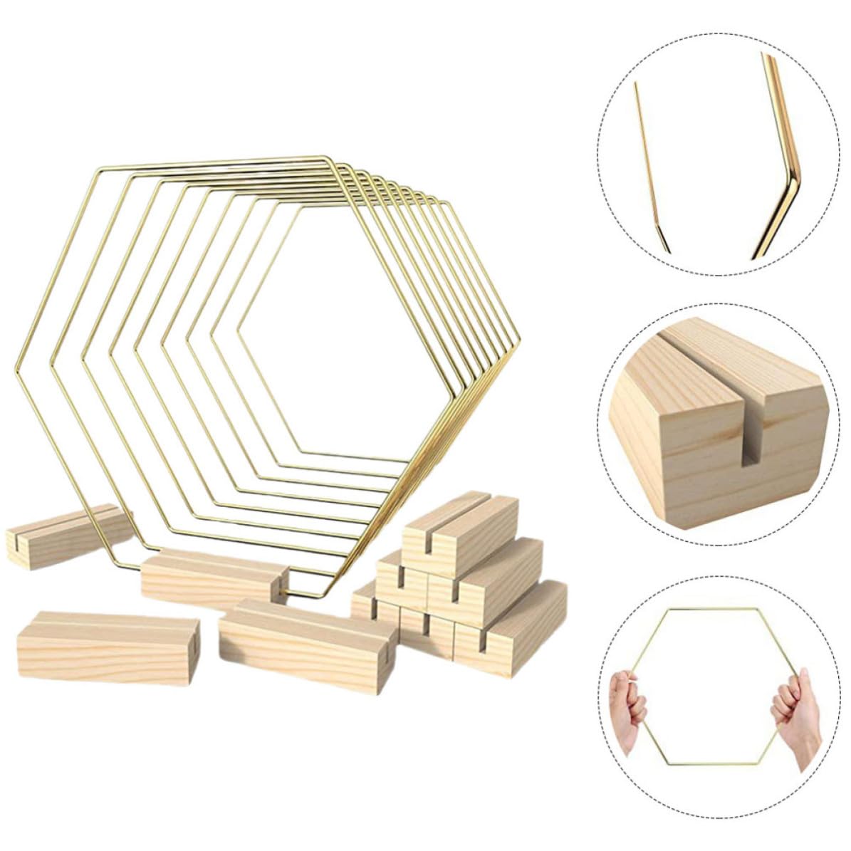 PLAFOPE 10 Piezas Aro de Metal Hexagonal con Base, Dorado, de Metal y Madera, Centro de Mesa para Boda y Manualidades DIY, para Decoración de Mesas