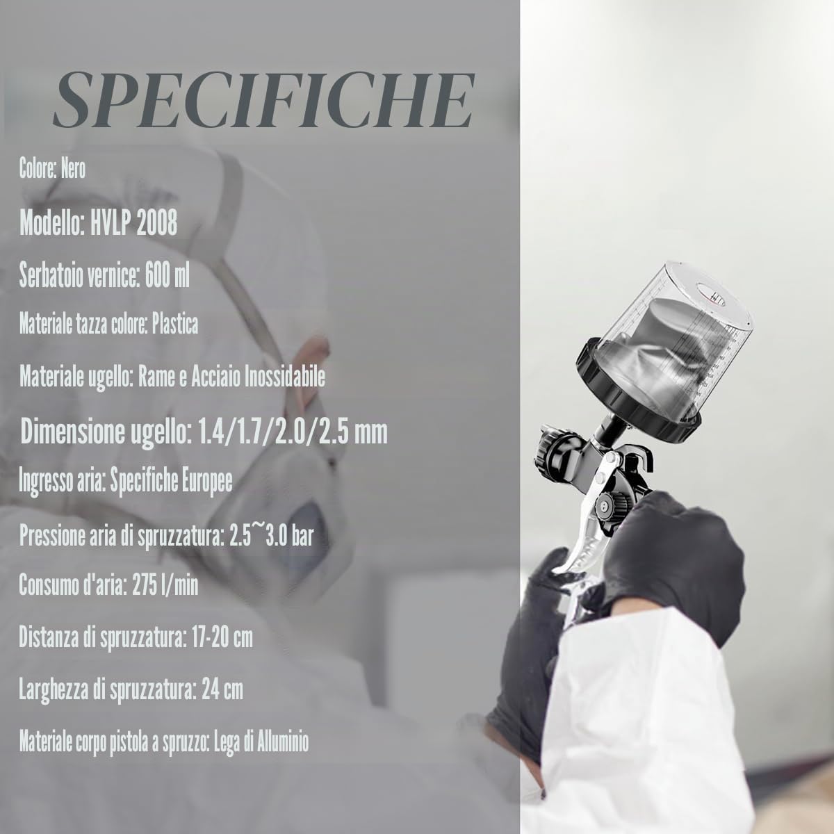 HVLP Pistola Verniciatura Professionale, Pistola a Spruzzo per Verniciare con Ugelli da 1,4/1,7/2,0/2,5 mm e Regolatore di Pressione dell'Aria, Tazze da 600ml e Accessori per Pistola a Spruzzo