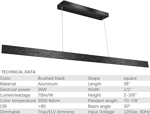 Miniatura 5 de Lámpara colgante lineal LED regulable de 38 pulgadas con certificación ETL, comedor, sala de estar, cocina, oficina, 3000 K, 90RA, negro cepillado