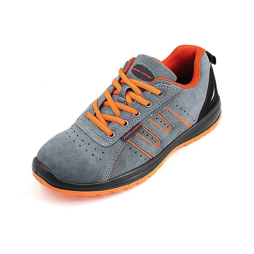 JOMIX Buty ochronne dla mężczyzn i kobiet, buty robocze dla chłopców, antypoślizgowe, wzmocniona końcówka, stal, 04 szary pomarańczowy, 47 EU