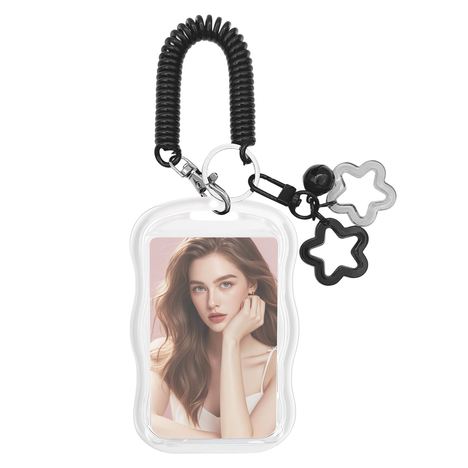 Komergave Photocard Holder Keychain Cute Star-Wave Photo Frame Wavy Full Clear Photo Card Holder Photocard Sleeve with Black Star Bell Charm Protective Collectible Card Protector for ID (Black)