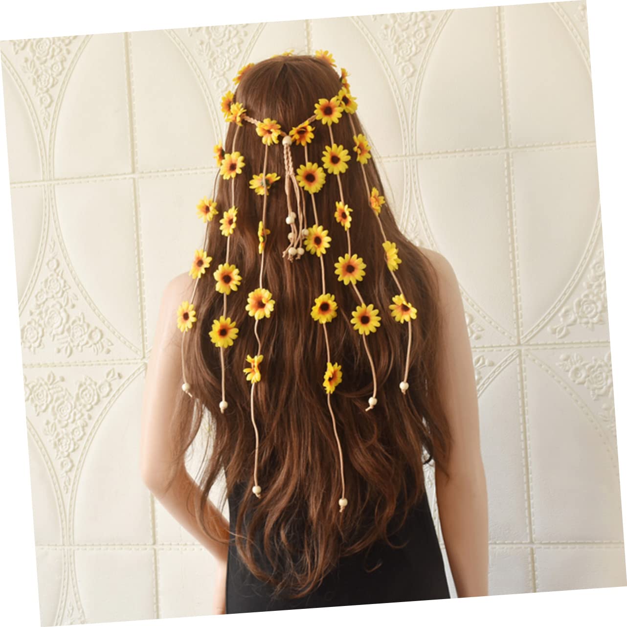 WOONEKY Bandeau De Fleurs Avec Pompoms Couronne De Fleurs Tournesol Pour Festivals Événements Et Accessoire Bohémien Élégant Pour Femmes Et Filles
