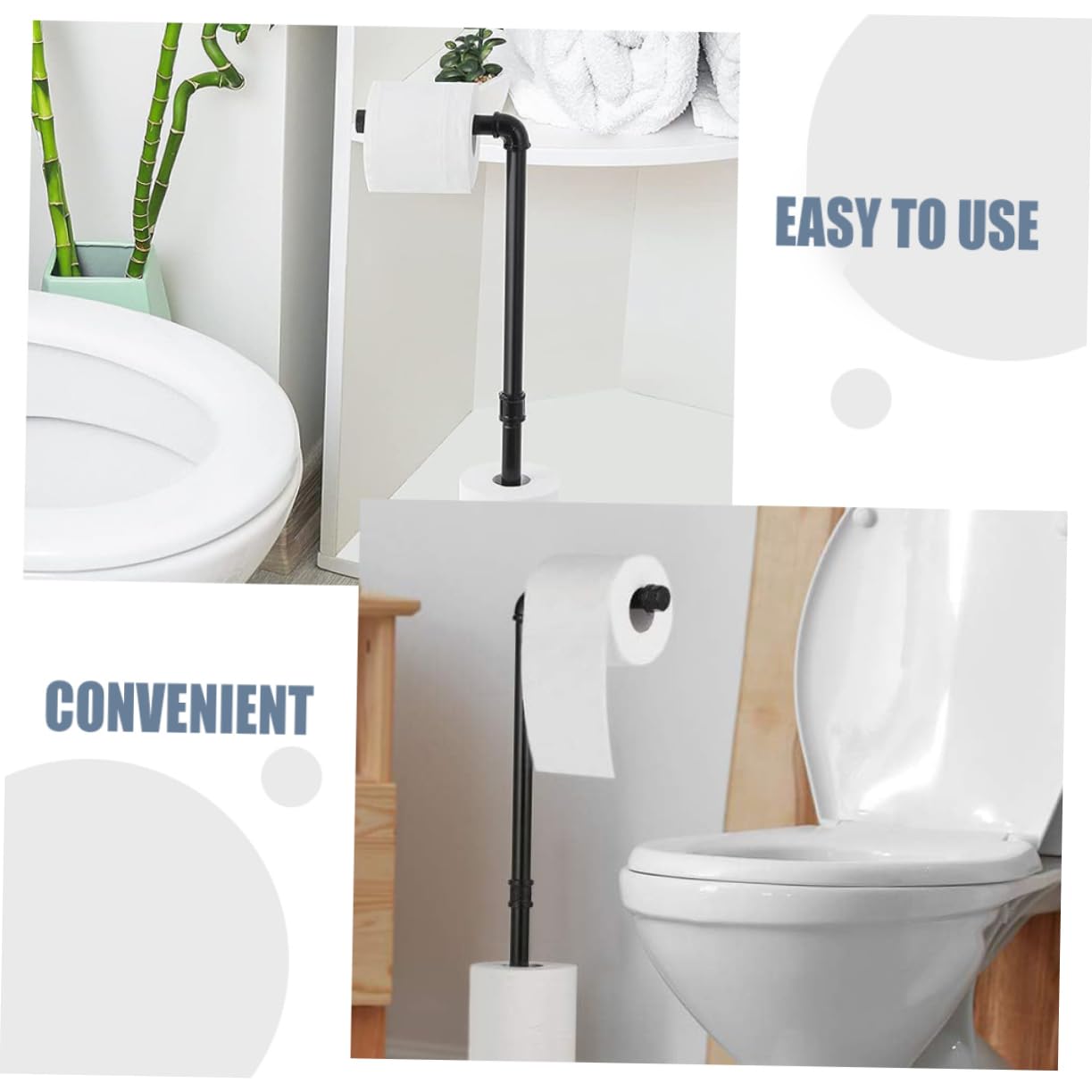 Portarotolo da Terra in Ferro Nero, Design Verticale Stile Vintage Industriale, per Bagno, Ampio Spazio di Appoggio e Facile Accesso alla Carta Igienica