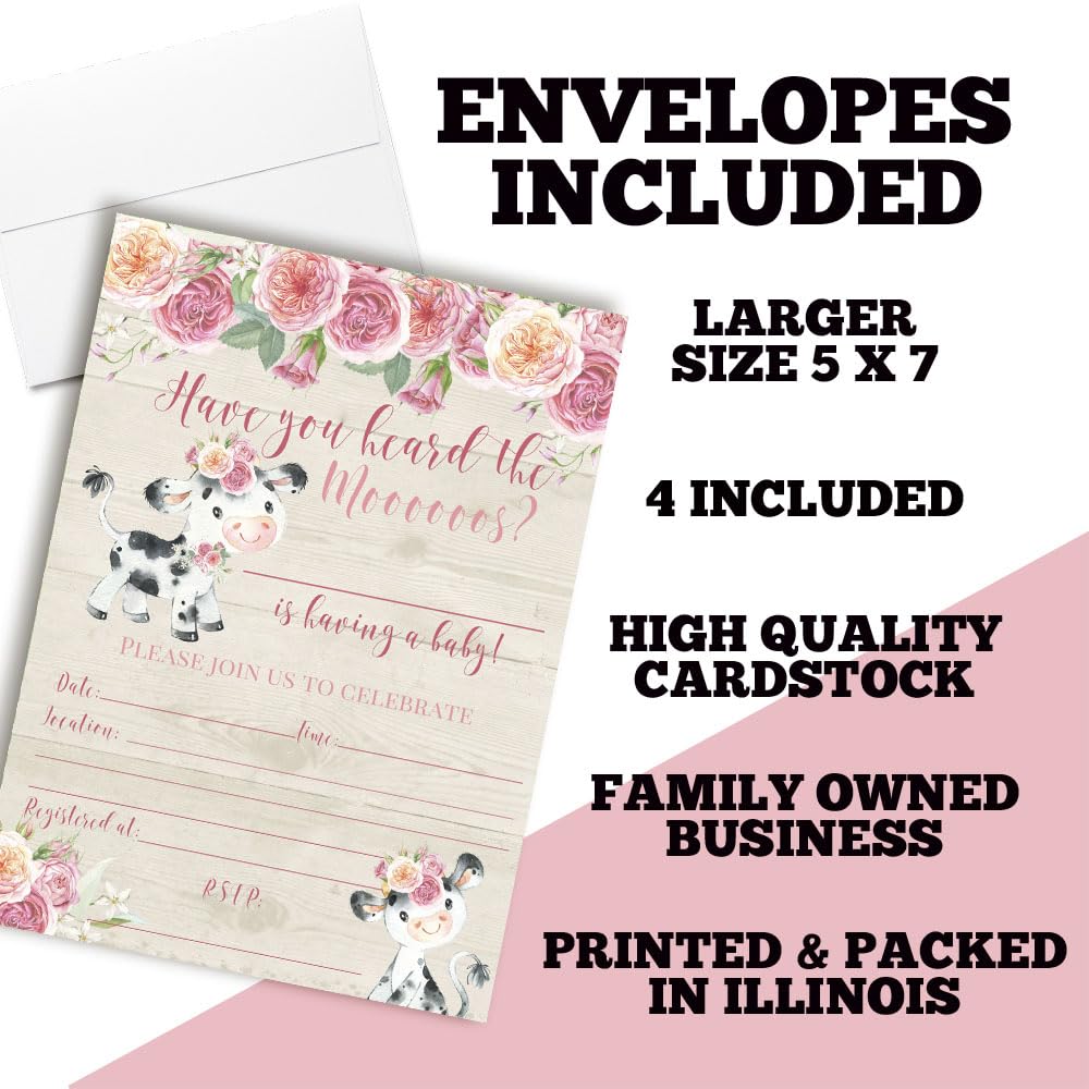 Watercolor Pink Floral Cow-Themed Baby Sprinkle Shower Invitations, 4 5x7 Fill In Cards with Four White Envelopes by AmandaCreation