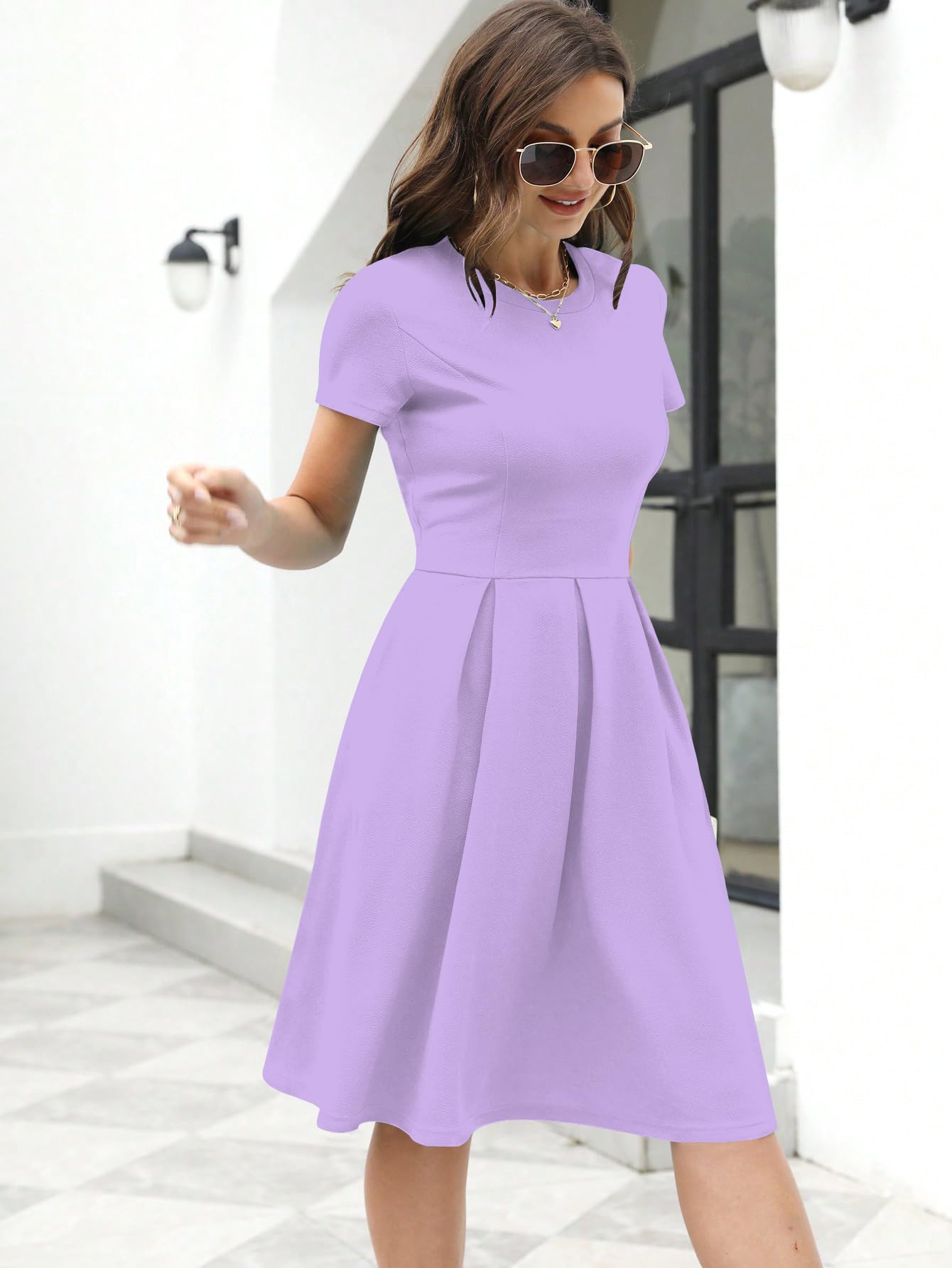 Shasmi Girl's & Women's Solid Purple Color Solid Slant Pocket Fold Pleated, Women Cocktail Party Vintage Style With Pockets Big Swing Simple Retro Dress (Dress 166 Light Purple-S)