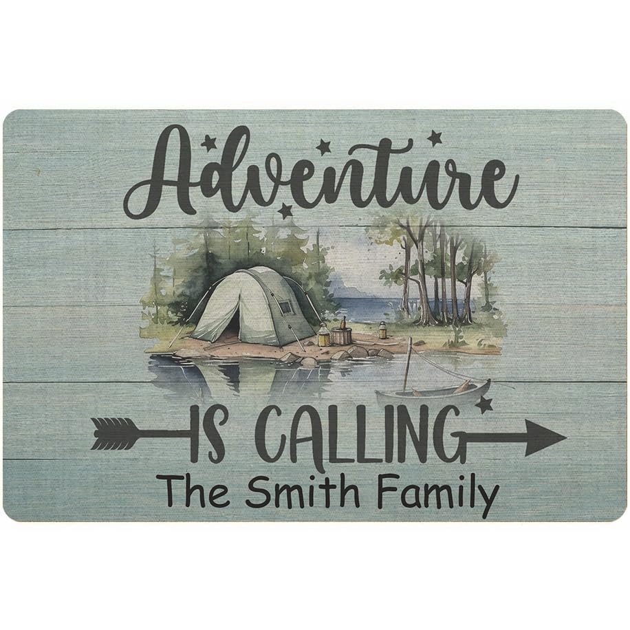 Auomily Personalized Family Name Doormat 24 X 16 Inch, Custom Campsite Mats for Adventure is Calling, Welcome Mat with Rubber Backing for Shoe Scraper