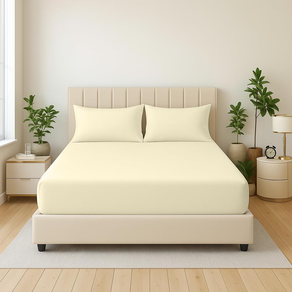 Dazzle Collection® Full Fitted Sheet Bed Sheets 100% Polycotton Machine Washable Fitted Sheet (4FT Small Double, Cream)