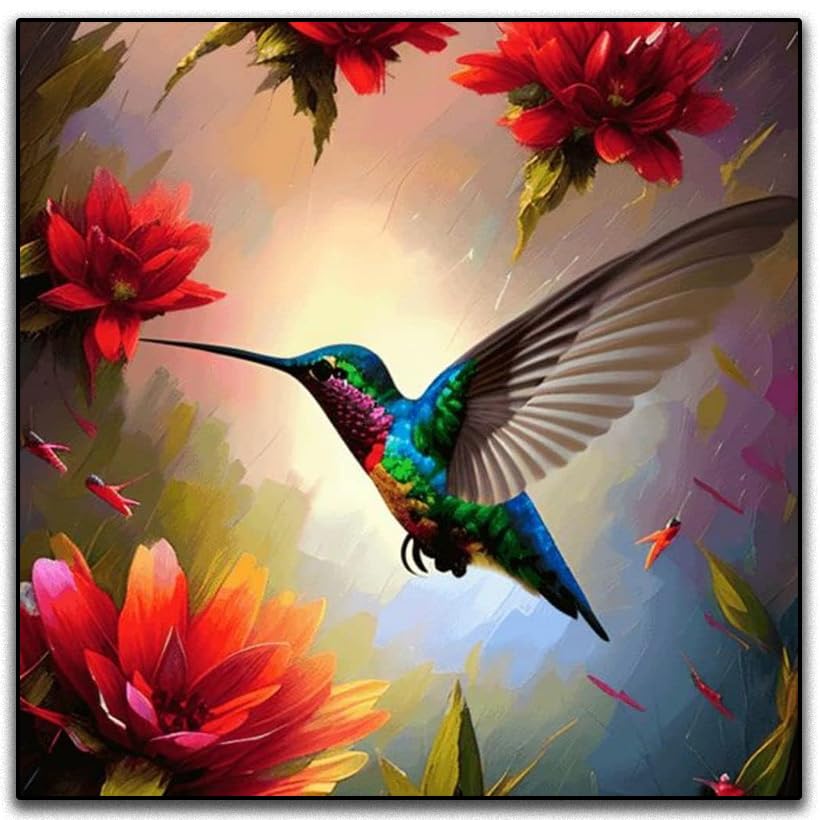 5D DIY Diamond Painting by Number Kits, Hummingbird Round Full Drill Crystal Rhinestone Embroidery Diamond Arts for Home Wall Decor (16X16in/40X40cm)。