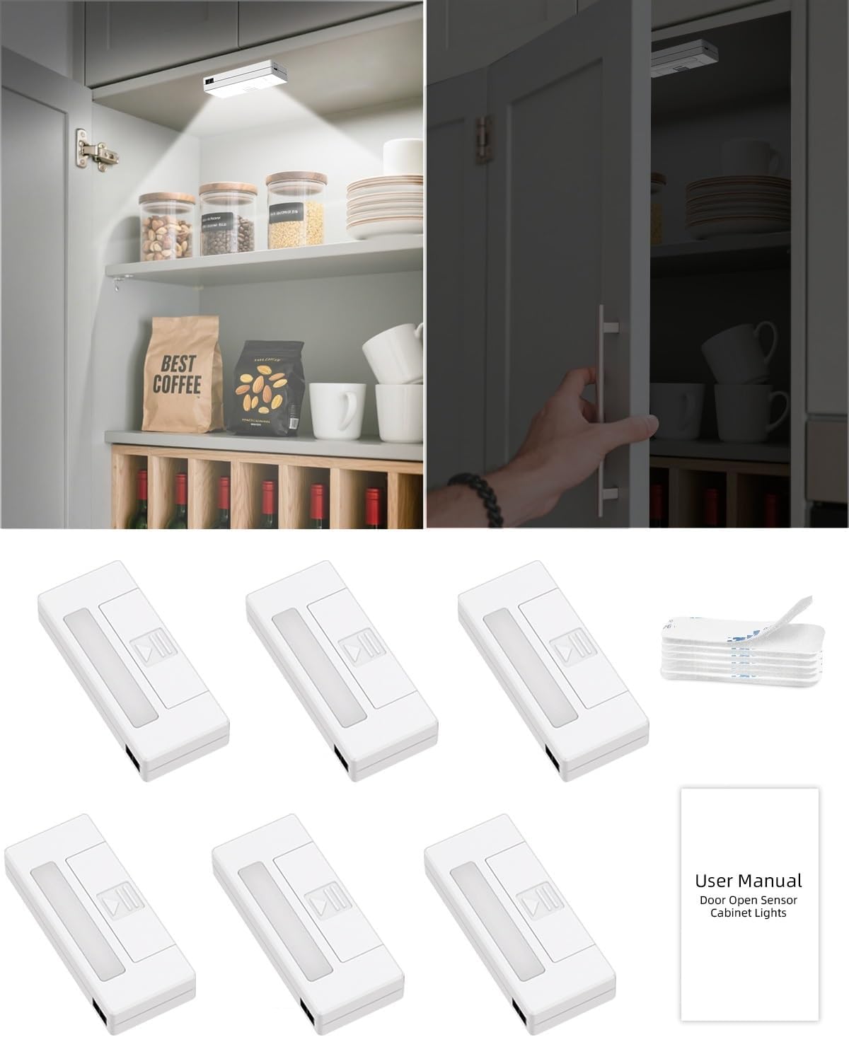6 Pack Door Open Sensor Cabinet Lights, Cordless LED Cabinet Closet Light, Battery Operated Cupboard Drawer Light Door Activated Stick on Puck Lights for Inside Kitchen Cabinets, Closets