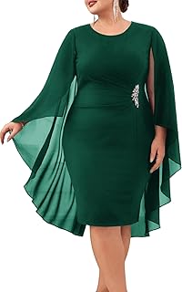 Womens Plus Size Chiffon Cape Dress Crew Neck Wedding Guest Dresses Ruch...