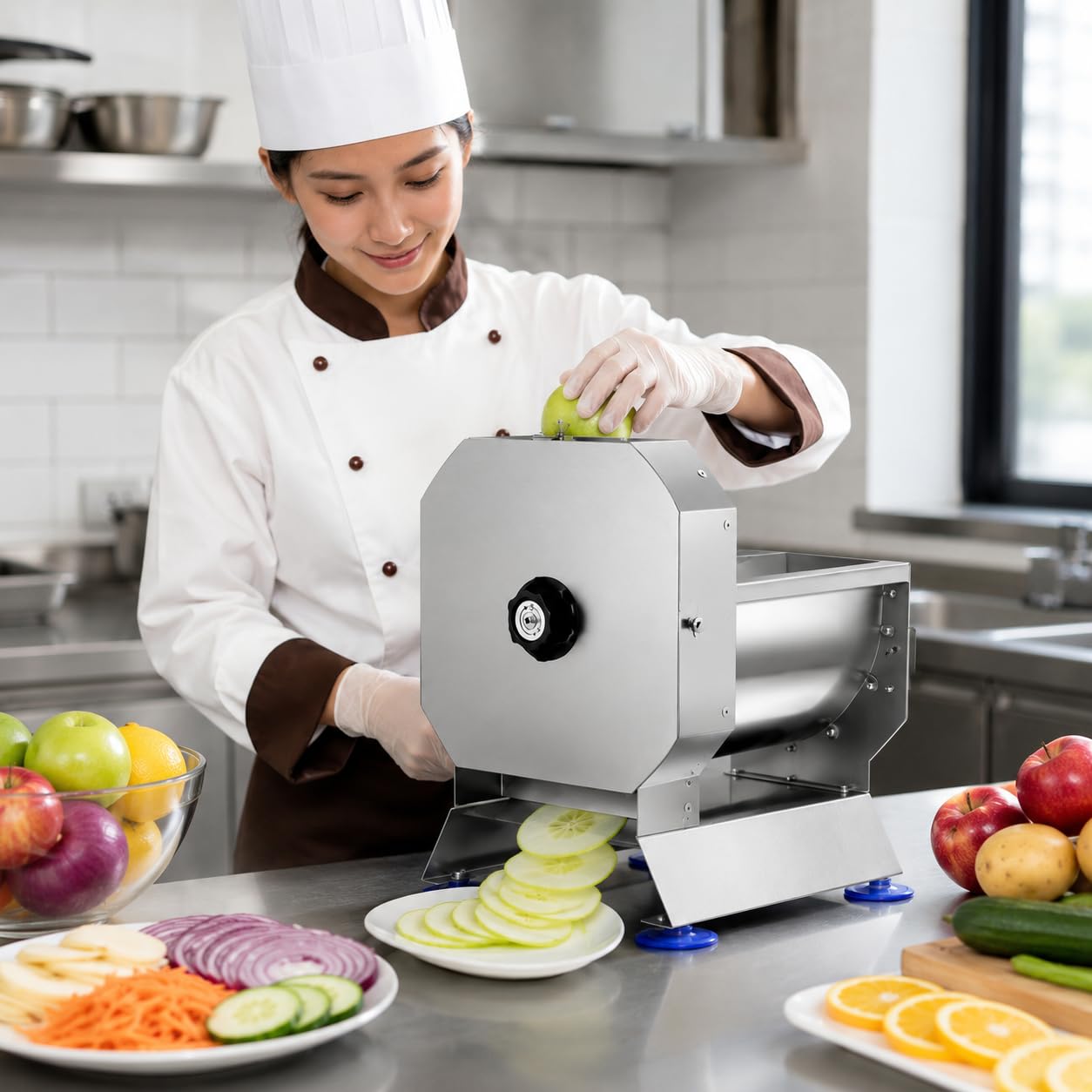Kommerzieller elektrischer Gemüseschneider, 0–10 mm verstellbar, 75 kg/h | Edelstahlschneider mit abnehmbaren Komponenten zum Schneiden von Tomaten, Zwiebeln, Kartoffeln, Kohl und anderem Gemüse.