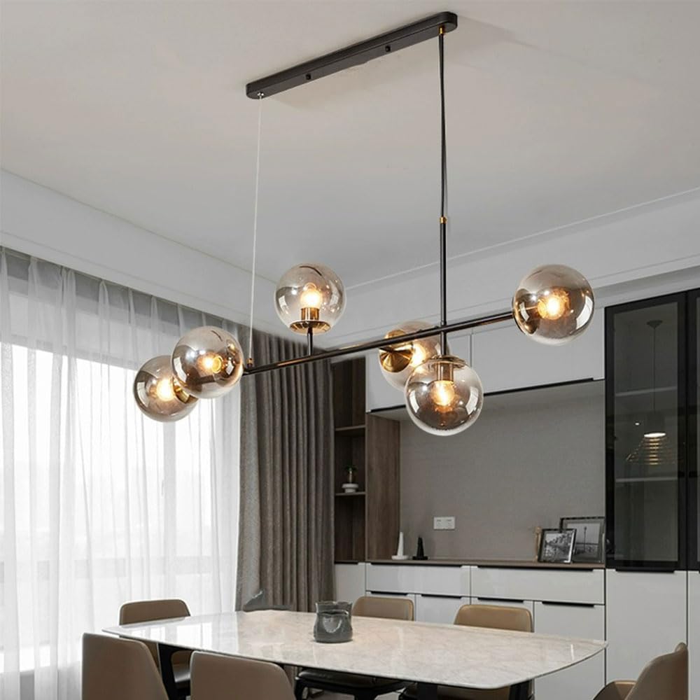 CONERY Lámpara de araña moderna de 6 luces, lámpara colgante de cristal con forma de globo, altura ajustable, lámpara de techo grande de mediados de siglo E27 para isla de cocina