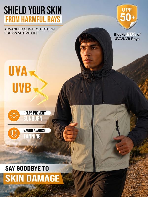 Image of CHKOKKO Sunscreen Jacket For Men With Hood | Advanced Upf 50+ UV Ray Sunblock Sunscreen | Water-repellent Lightweight Nylon Cooling Quick Dry Fabric | Sports Cycling Travel & Dailywear