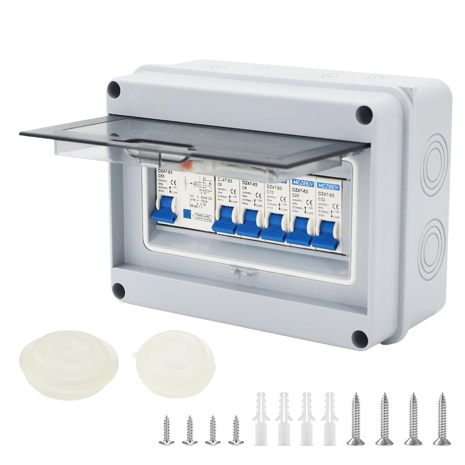 Caja de fusibles de superficie IP65 de 5 vías, 63 A, 30 mA, RCD 5MCB (2 × 1P6 A + 1P10 A + 1P20 A + 1P32 A) para autocaravanas, garajes y talleres (5 vías)