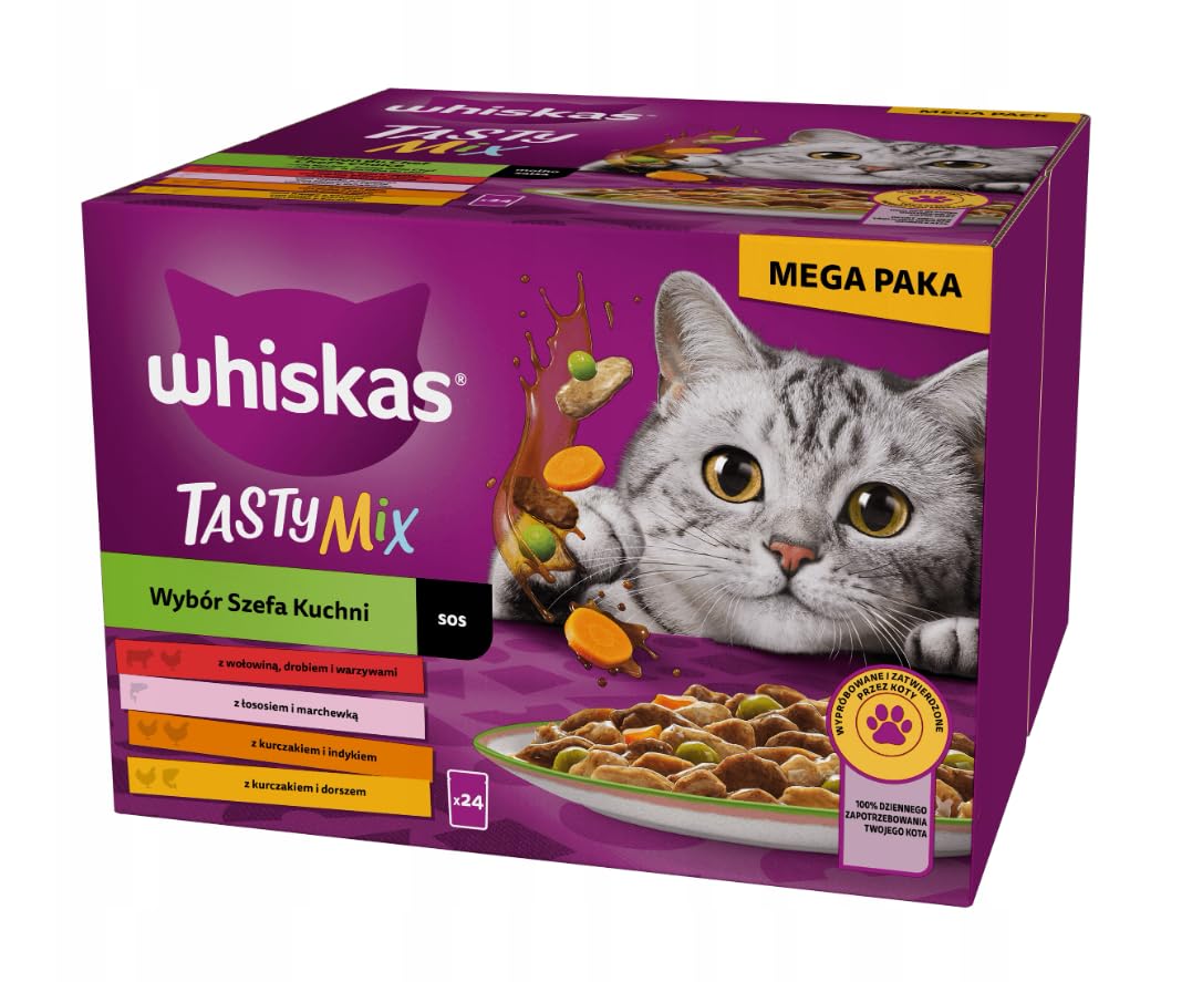 Whiskas Adult mix smaków mokra karma dla kota Tasty Mix Wybór Szefa Kuchni w sosie, Drobiowa uczta w sosie i Pure Delight w galaretce 144x85g