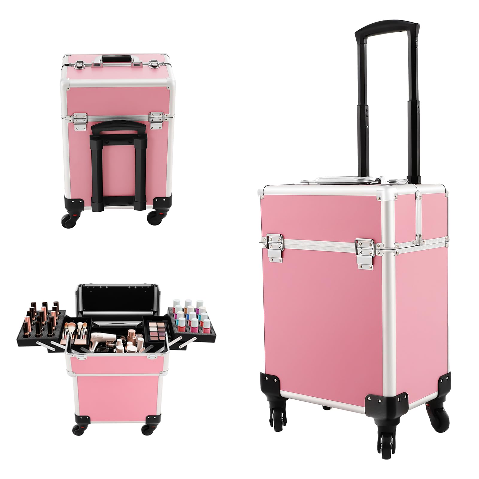 Valigetta per cosmetici con trolley, 3 in 1, con vassoio pieghevole e ruote, multifunzione, grande valigetta per trucchi, per viaggi, parrucchieri, truccatori, Colore: rosa., 24*34*47cm