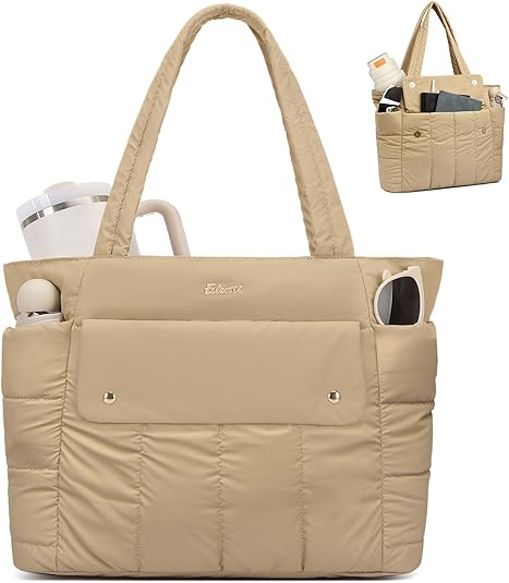 Eslcorri Large Puffer Tote Bag for Women, 21L Quilted Carry-On Purse with Luggage Sleeve, Padded Work Handbag for Travel, Gym