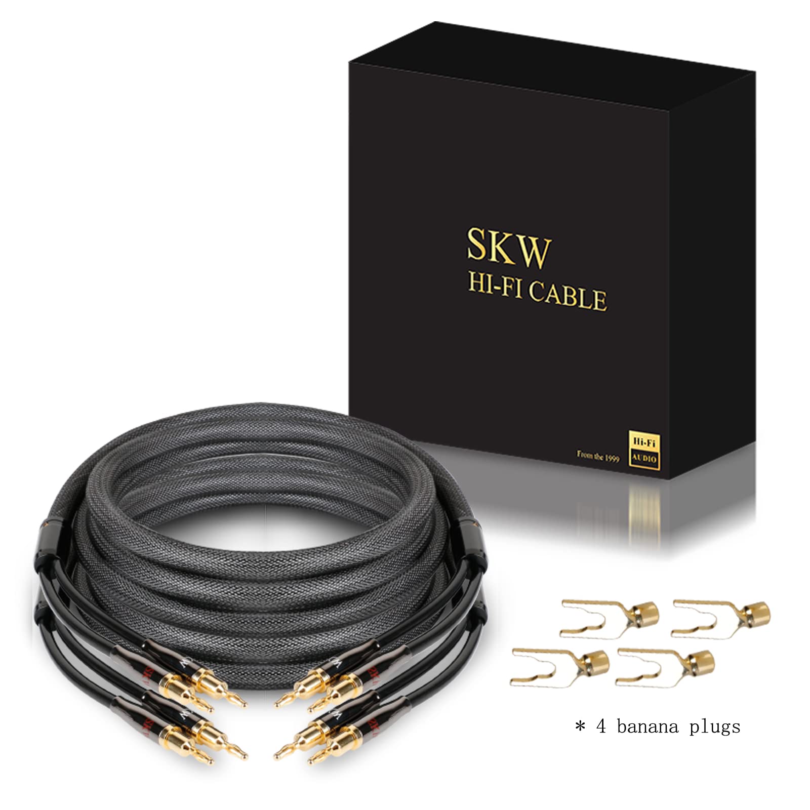 SKW Cavo per altoparlanti 2.5M con connettori a banana, OFC - nylon intrecciato - cavo per altoparlanti di alta qualità per home cinema, amplificatori, altoparlanti, sistemi hi-fi(2 pezzi/set)