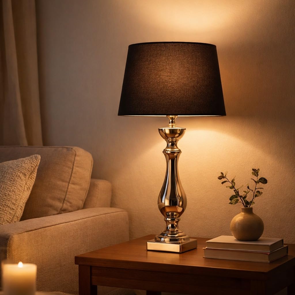 DRULINE Lovely Tischlampe 60 cm Tischleuchte Nachttischlampe mit Schwarzem Stoffschirm & Silbernem Keramikfuß mit Kabelschalter für Schlafzimmer, Wohnzimmer, Büro Dekolampe E27, Leselampe