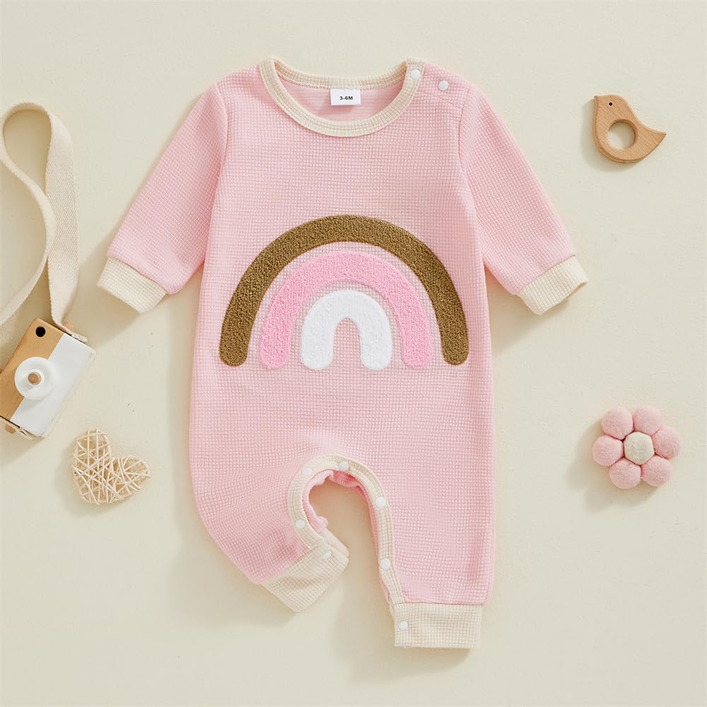 Newborn Baby Girl Clothes Fall Winter Long Sleeve Footie Romper Waffle Ruffle Zipper Jumpsuit Coming Home Outfit (D Rainbow Pink,0-3 Months)
