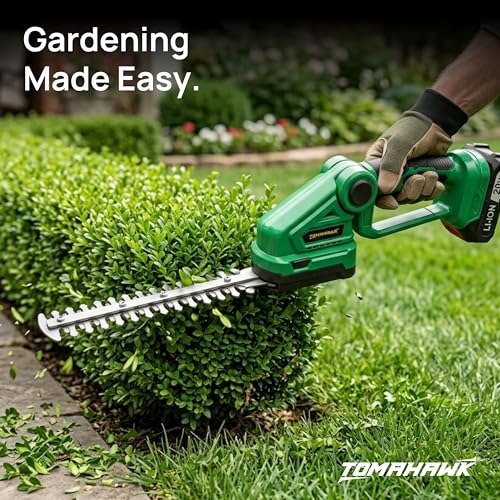 Image of TOMAHAWK CHT-20A 20V Cordless Hedge Trimmer with 1.5Ah Battery | 24 inch Dual Action Blade | Lightweight Handheld Grass & Shrub Cutter | Tool-Free Blade Change Garden Trimmer