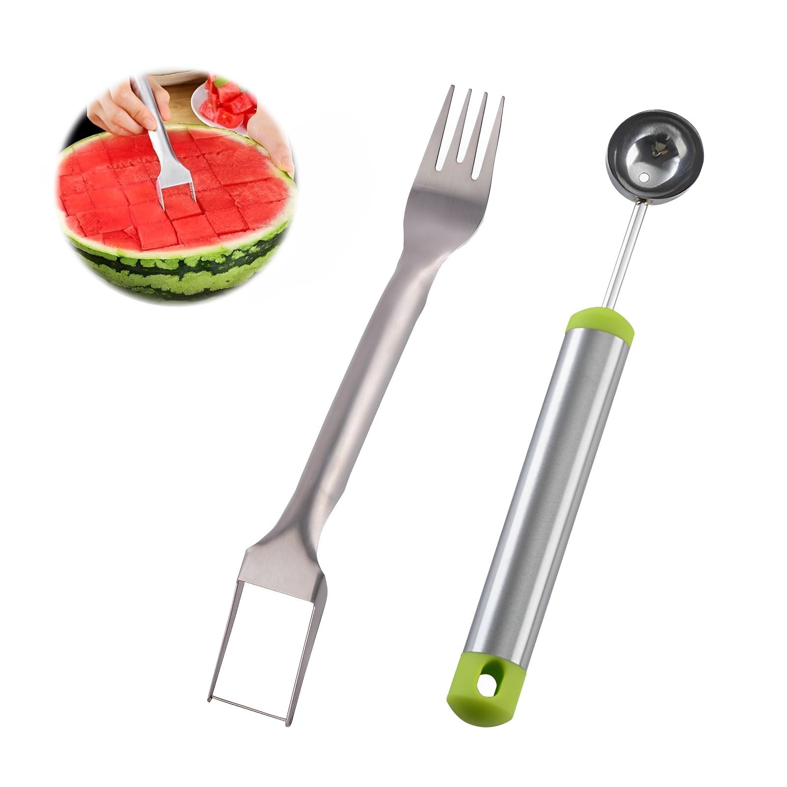 2Pcs Watermelon Cutter, 2-in-1 Watermelon Slicer, Fruit Cutter, Stainless Steel Melon Cutter, Dual Head Portable Fruit Slicer, for Summer Family Home Party Camping Kitchen Gadget