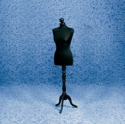 MANICHINO BUSTO SARTORIALE DONNA BASE TREPPIEDI IN LEGNO NERO POLISTIROLO VESTE NERO SARTA SARTORIA CUCITO