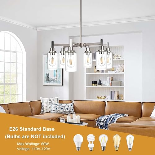 Miniatura 4 de VINLUZ Candelabro contemporáneo de 6 luces de níquel cepillado moderno cilindro de iluminación colgante de vidrio transparente sombreado clásico
