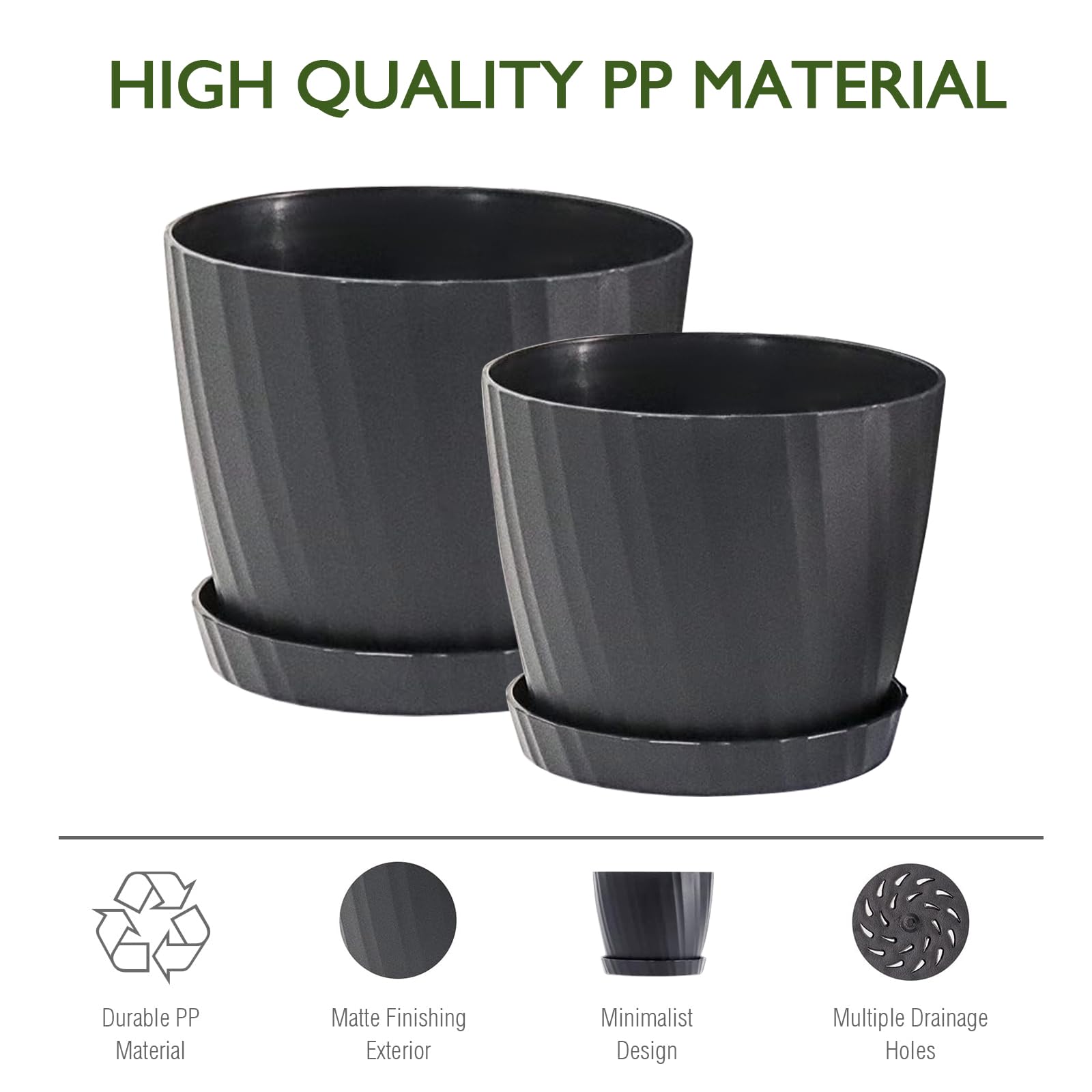 MUAEEOK 18CM 6 Pack Plant Pots Indoor Plastic Planters with Drainage Holes and Saucers for Indoor Outdoor House Plants and Flowers Modern Decorative Planter Pot for All House Plants (Black) - Image 3