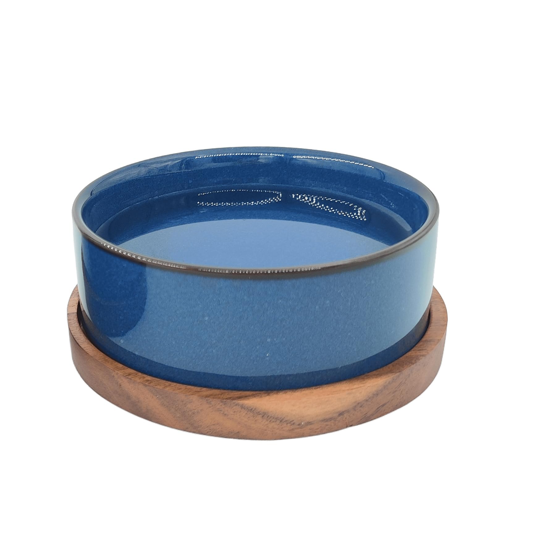 Ceramic Cat Bowl with Wooden Tray,Light Blue Glaze， 5.6 x 5.6 inch, 13.5 oz Capacity, Kiln-Formed Dark Orchid Glaze, Anti-Tip Design