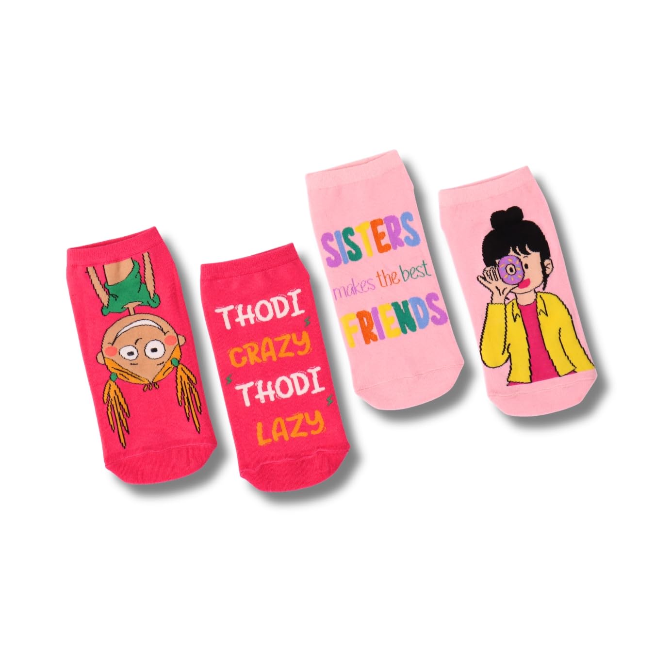 thela gaadi Sibling Socks - Pure Cotton Quirky Gift for Brothers & Sisters | Funky Cute Ankle Socks for Boys & Girls | Odour Free, Breathable & Free Size | Pack of 2 Pairs-picture-32