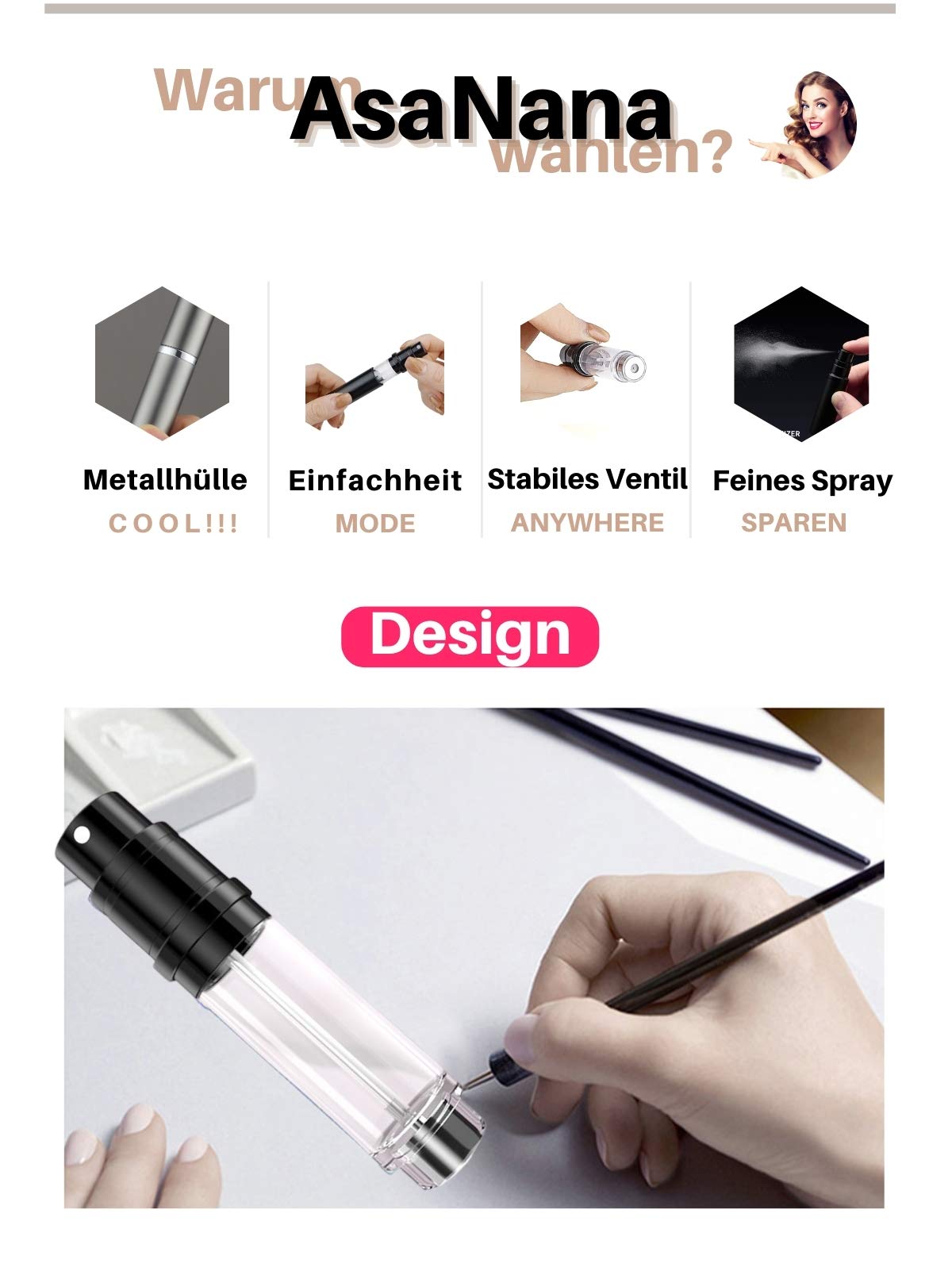 AsaNana Rozpylacz do perfum 5 ml, pusty, technologia napełniania bez lejka, butelka podróżna (CLA-2P_Black &Gray)