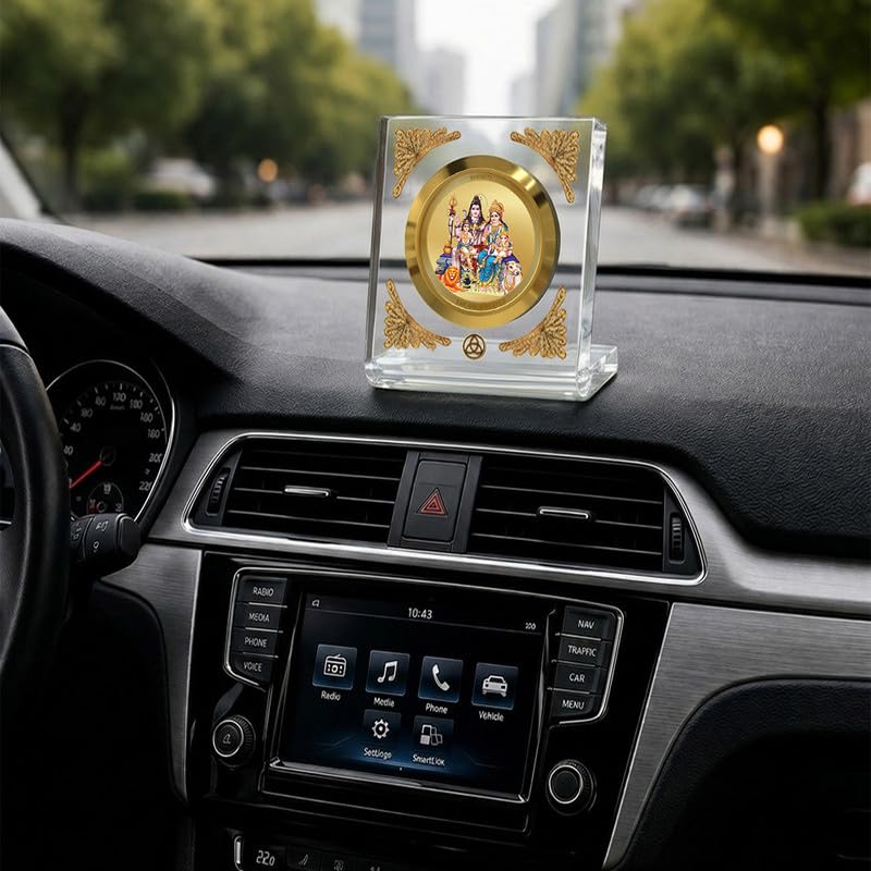 Image of DIVINITI 24K Gold Plated Lord Shiv Parivar Acrylic Frame for Car Dashboard, Home Temple & Office Table | Premium Spiritual Gift, Blessings for Protection & Positivity, 8x7 cm Decorative Showpiece