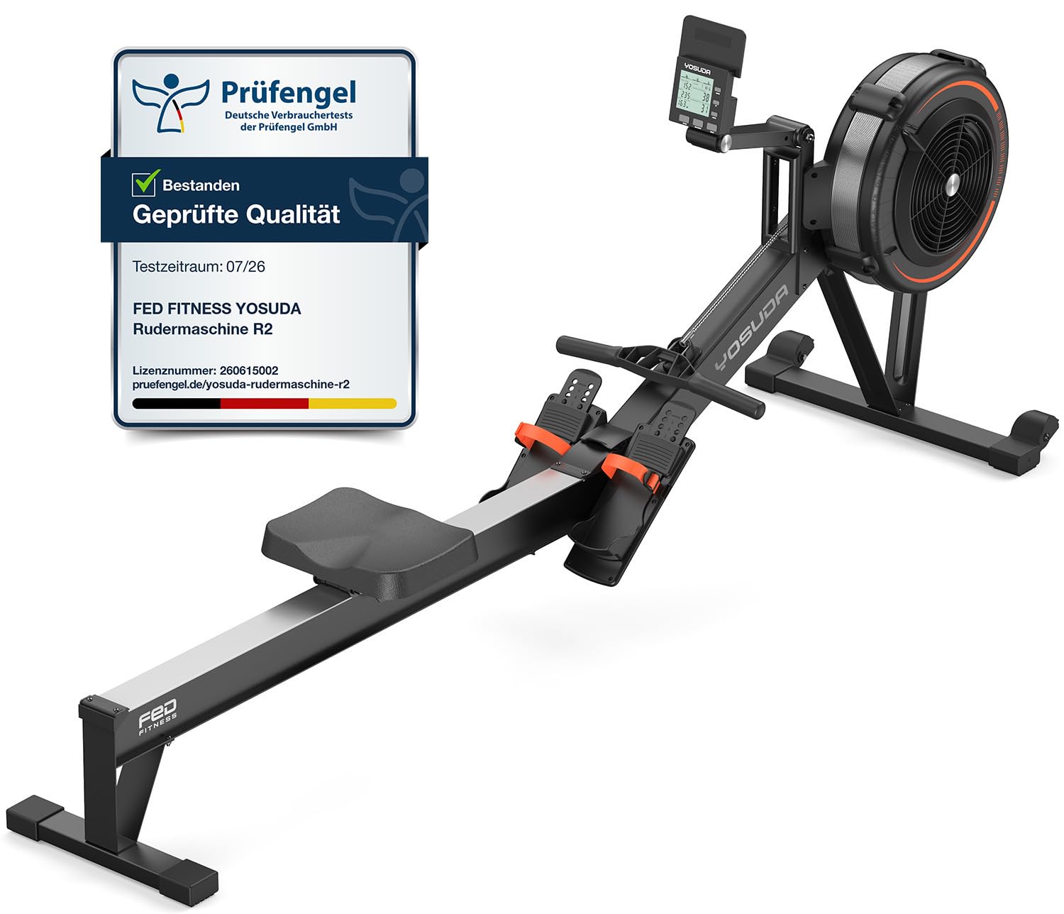 YOSUDA R2 Luft Rudergerät für Zuhause Klappbar, Luftwiderstand, Selbstbetriebenes Display, 10-Stufen Widerstand, Alu-Laufschiene für große Menschen, Bluetooth & App, Indoor Rudern zum Cardiotraining